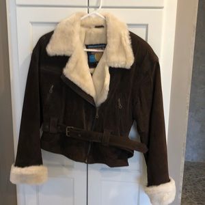 Brown suede faux fur belted coat